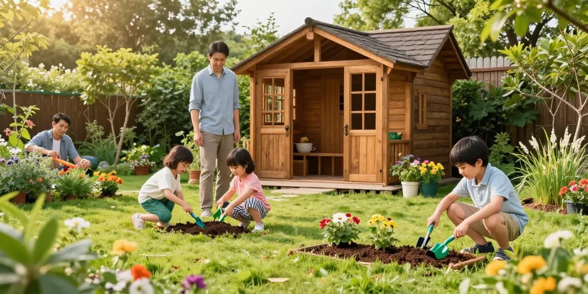 Gartenhaus kaufen in einem einladenden Garten mit spielenden Kindern und einem schönen Holzgartenhaus.