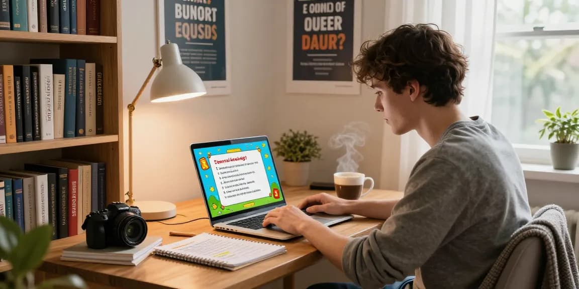 Interaktive Szene mit Quiz Allgemeinwissen in gemütlichem Arbeitszimmer.