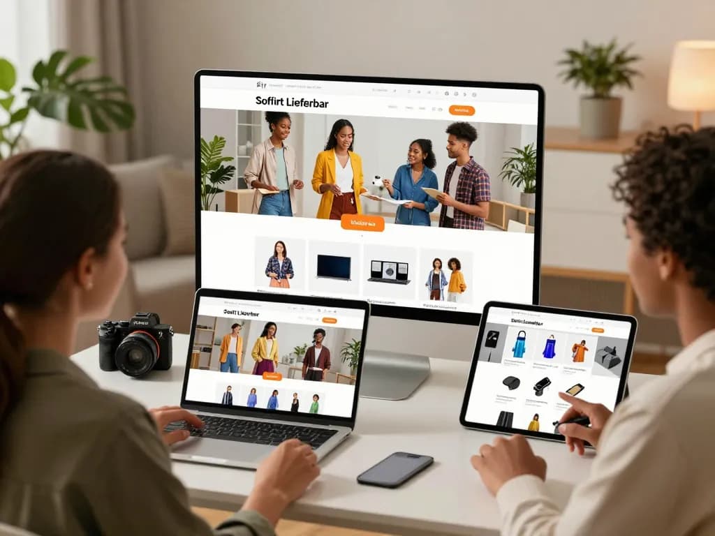Präsentation von 'Sofort Lieferbar' Produkten in einer einladenden Online-Shopping-Szene mit unterschiedlichen Kunden, die stöbern