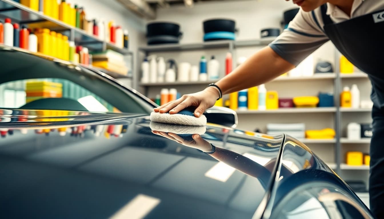 Autopflege Shop mit glänzendem Auto und professionellem Polierer im Einsatz.