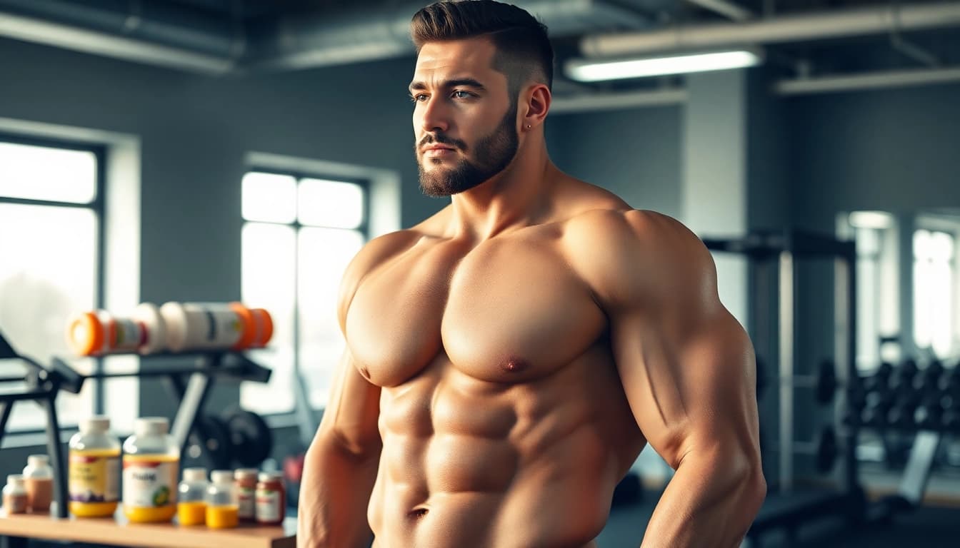 Ein muskulöser Bodybuilder mit Unique Pharma Steroids in einem Fitnessstudio.
