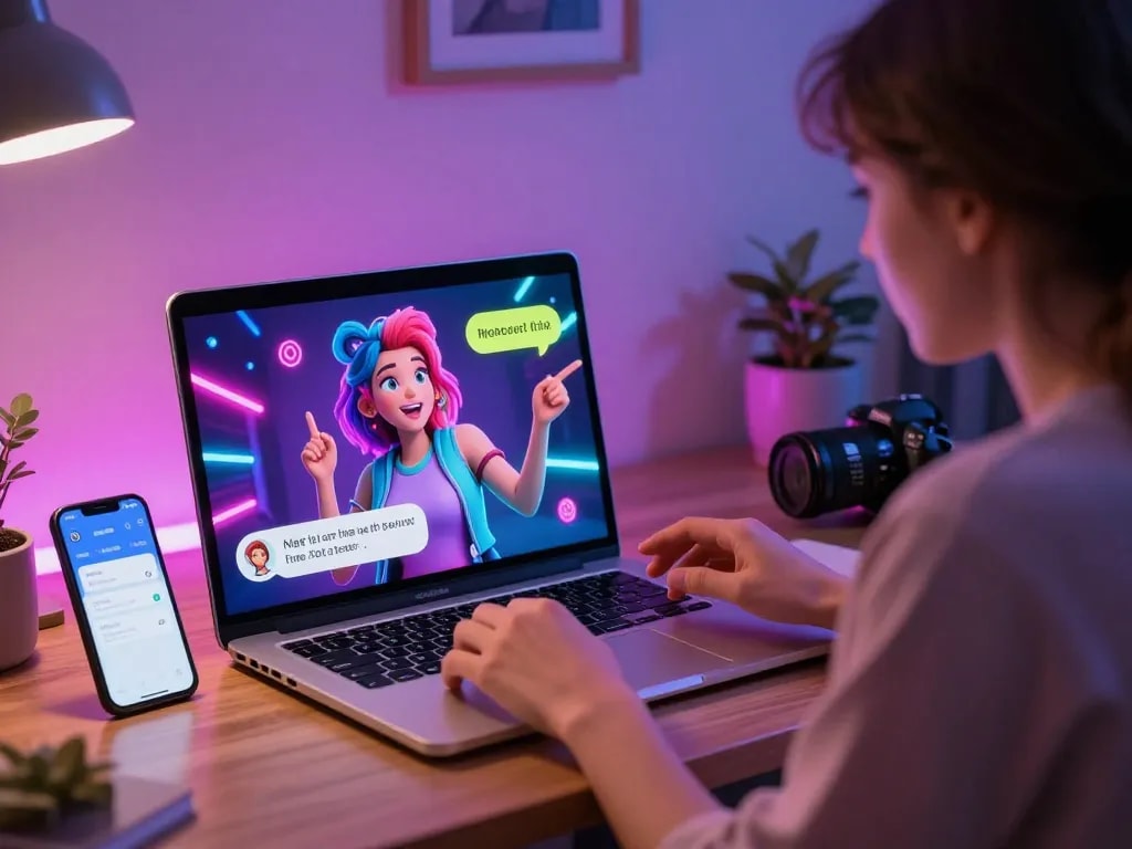 Engaging nsfw chat bot scene with user interacting in a colorful digital environment.