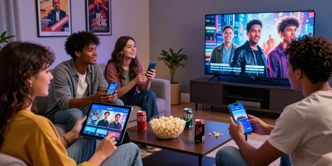 Friends enjoying movies together through FilmyZilla app on multiple devices in a cozy living room.