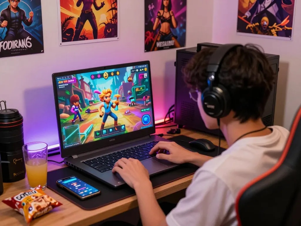Engaging scene of a player immersed in a free sex game on a laptop, surrounded by colorful graphics and gaming elements.
