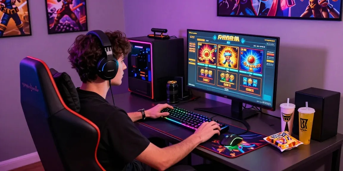 Engaged gamer enjoying สล็อตเว็บตรง slot games in a vibrant gaming setup.