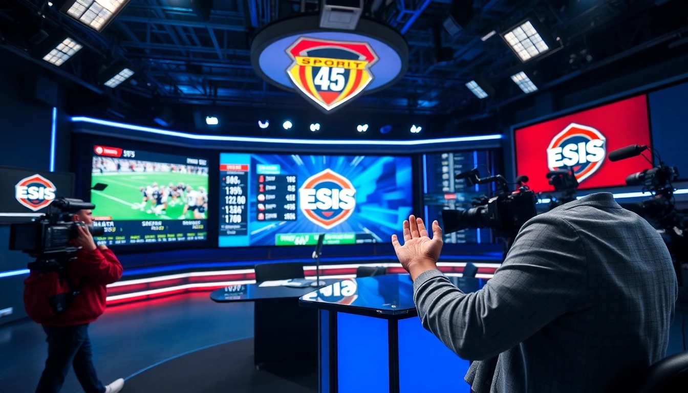 Engaging visual of sports broadcasting with a host presenting live sports highlights and stats.