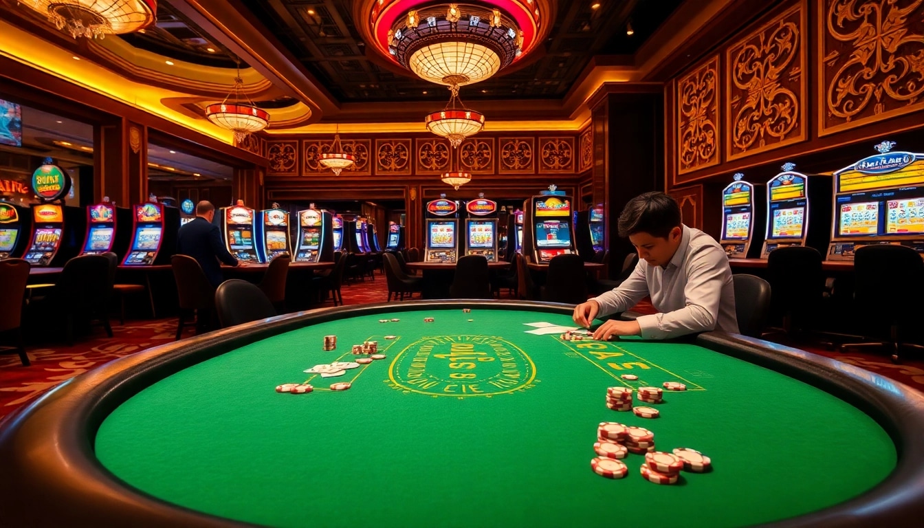 KJC-themed casino excitement with players at a poker table and slot machines in view.
