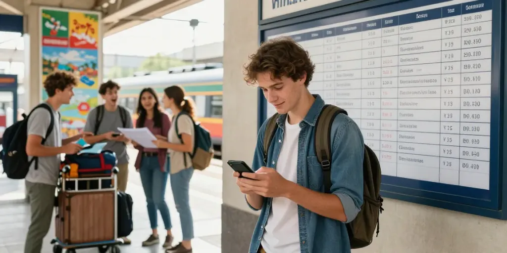 Zugticketpreise werden von einem Reisenden am Bahnhof überprüft, umgeben von aufregenden Reisezielen.