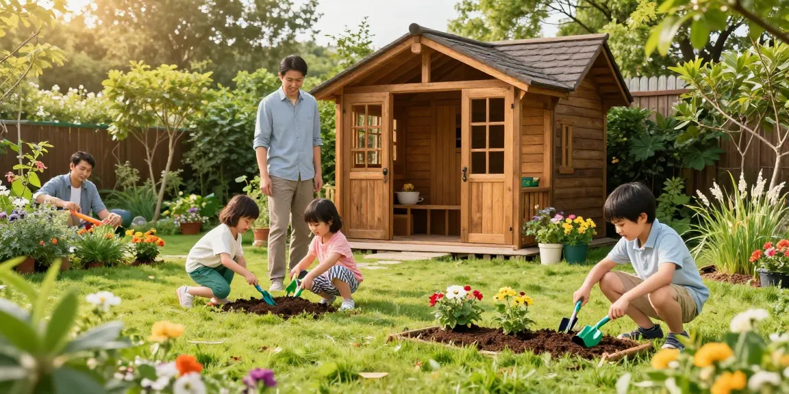 Gartenhaus kaufen in einem einladenden Garten mit spielenden Kindern und einem schönen Holzgartenhaus.