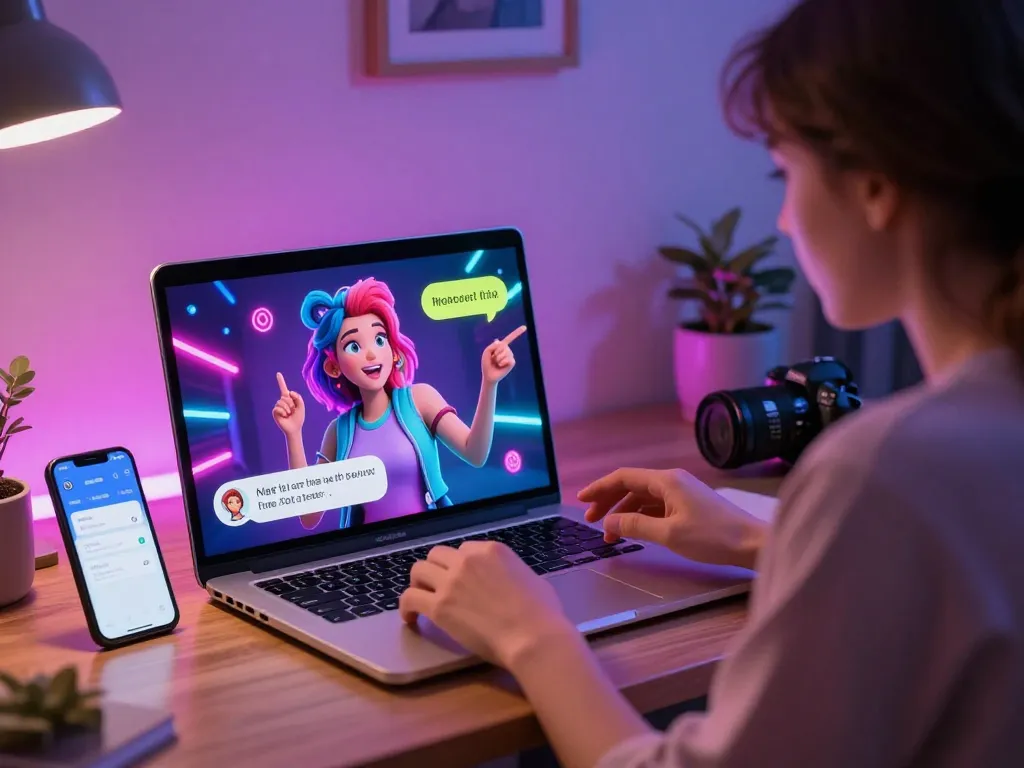 Engaging nsfw chat bot scene with user interacting in a colorful digital environment.