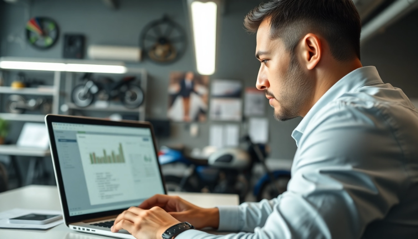 Motorrad Gutachter analysiert Fahrzeugdaten in einem modernen Büro.