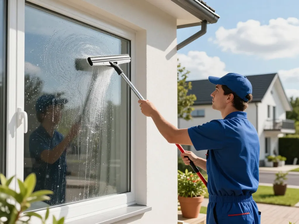 Zuverlässige Fensterreinigung in Münster mit einem professionellen Reiniger, der große Fenster zum Strahlen bringt.
