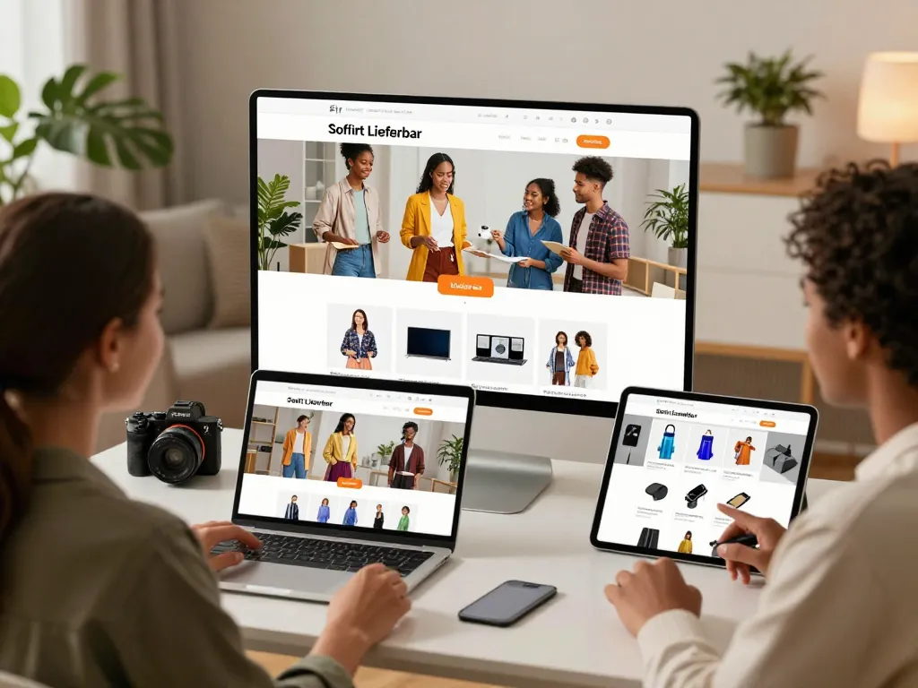 Präsentation von 'Sofort Lieferbar' Produkten in einer einladenden Online-Shopping-Szene mit unterschiedlichen Kunden, die stöbern