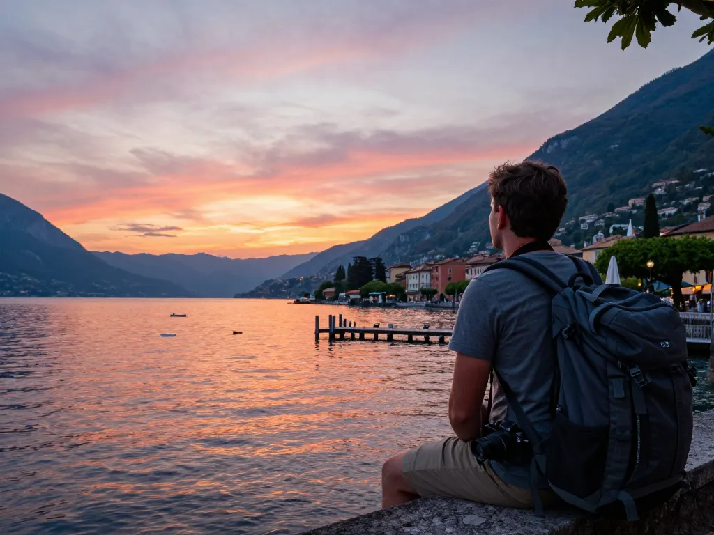 Gardasee Reisetipps - Reisender bewundert den Sonnenuntergang über dem Gardasee und fängt die friedliche Schönheit der Landschaft ein.