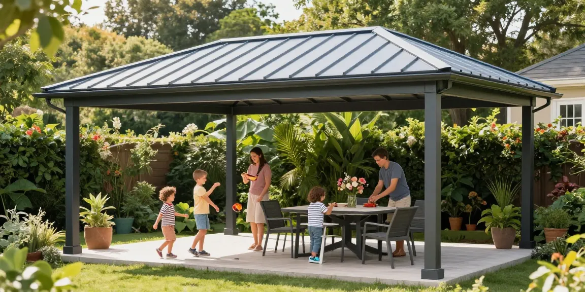 Moderne Terrassenüberdachung in einem Garten mit spielenden Kindern und einer Familie.