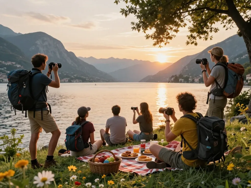 Ein unvergesslicher Urlaub am Gardasee mit malerischen Ausblicken, Wanderausrüstung und einem Picknick-Setup.