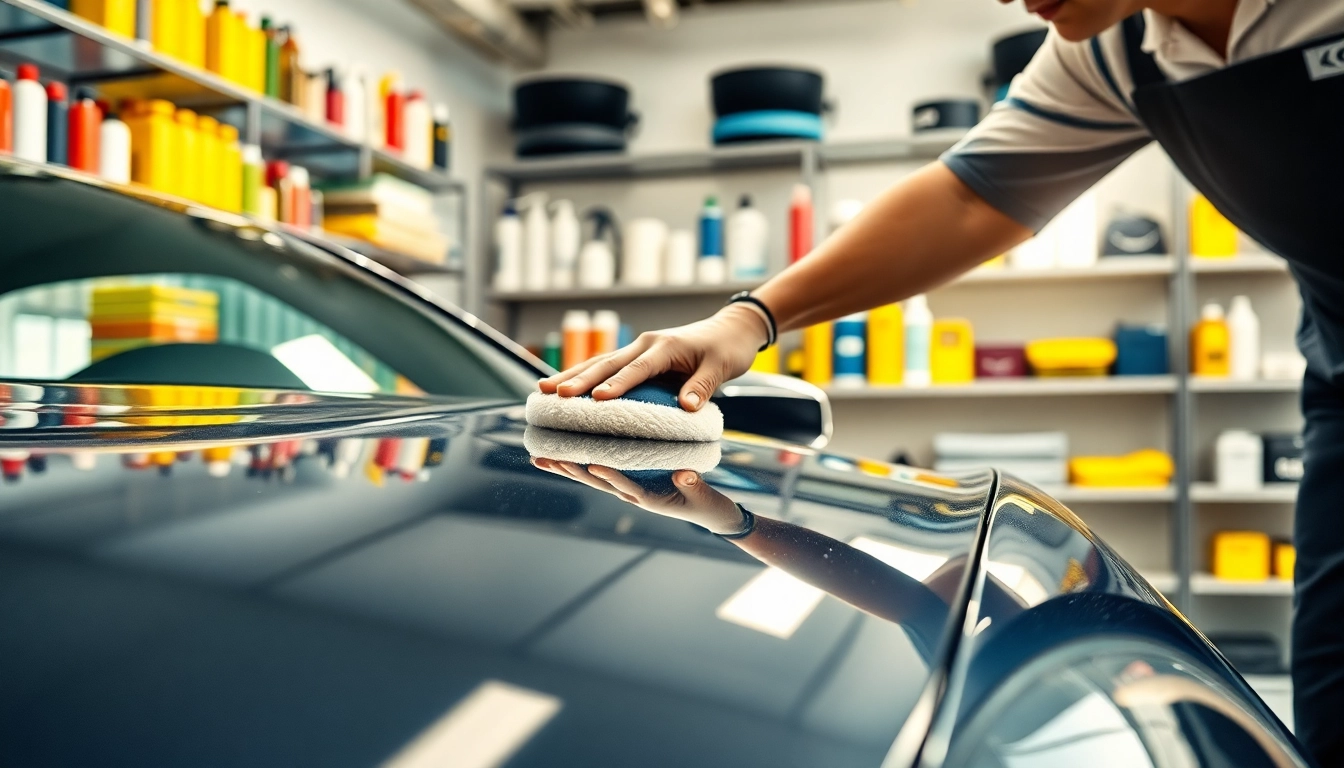 Autopflege Shop mit glänzendem Auto und professionellem Polierer im Einsatz.