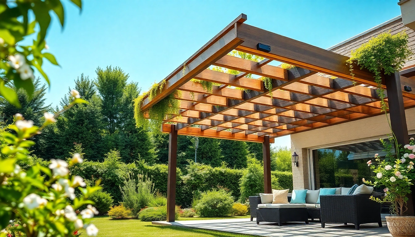 Hier klicken und informieren ueber stylische Terrassenueberdachungen in einem idyllischen Garten.