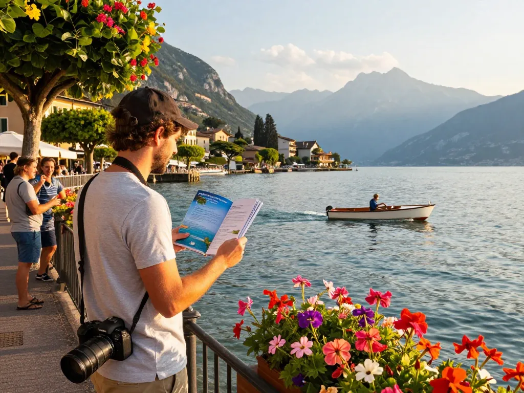 Reisender genießt einen schönen Urlaub am Gardasee bei Sonnenuntergang an der Uferpromenade.