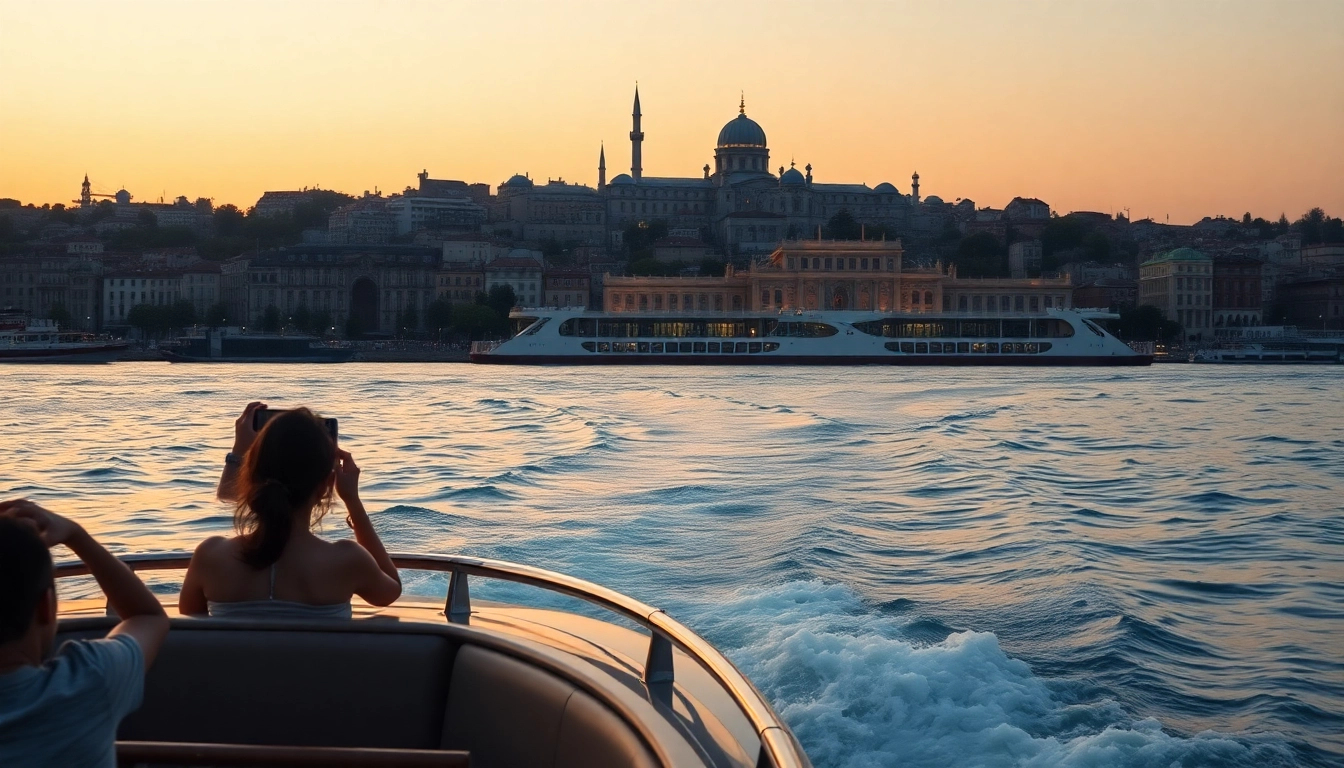 Genießen Sie die Istanbul Bosphorus cruises mit einer malerischen Aussicht auf die Stadt und Passagiere im Vordergrund.