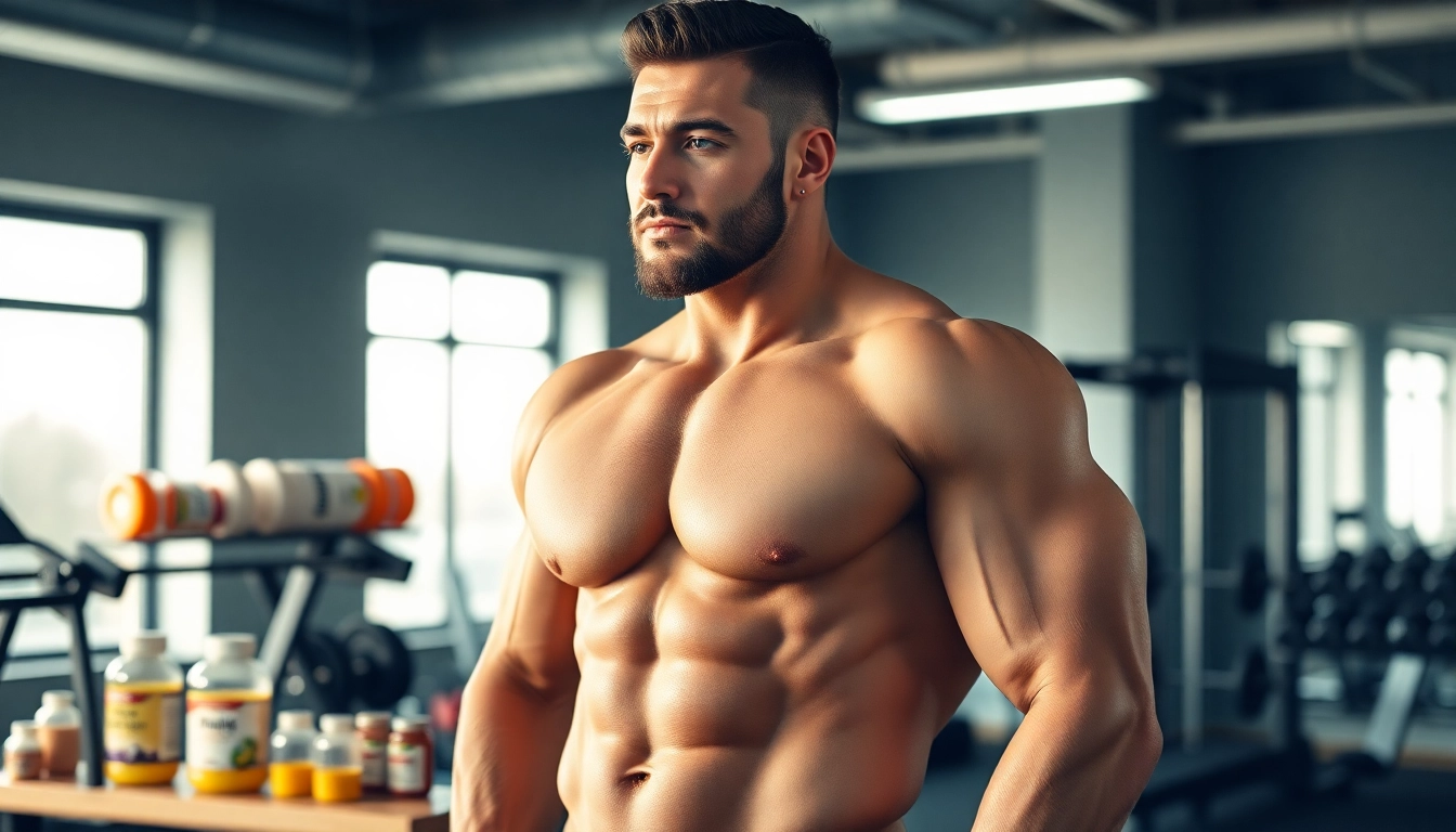 Ein muskulöser Bodybuilder mit Unique Pharma Steroids in einem Fitnessstudio.