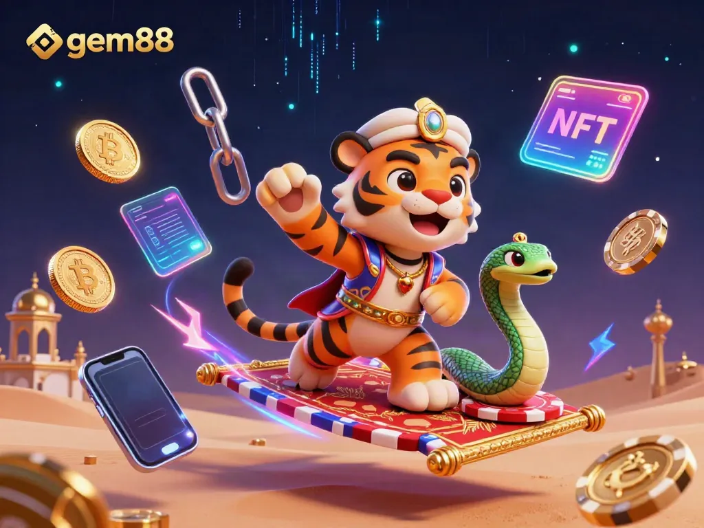 Experience the magic of gem88 with vibrant casino elements, featuring a tiger sultan on a flying carpet.