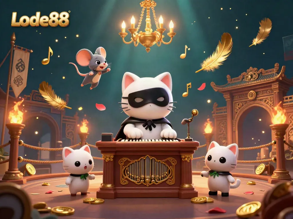 Experience Lode88 with a thrilling scene featuring a masked cat and mouse acrobat surrounded by casino imagery.