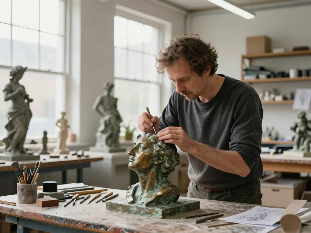Skulpturen Bau - Bild eines Bildhauers, der an einer Bronze-Skulptur in seiner Werkstatt arbeitet.