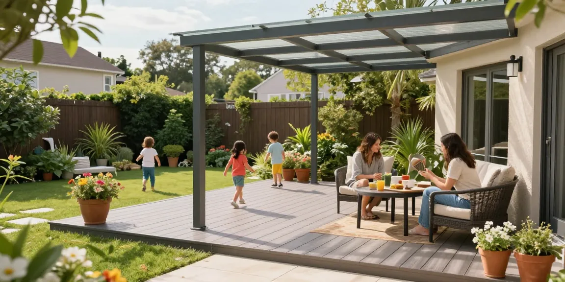 Terrassenüberdachungen im Garten mit Familie und blühenden Pflanzen