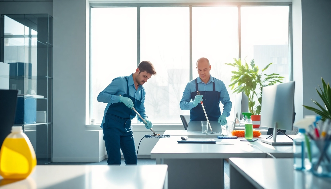 Gebäudereinigungsunternehmen Berlin in action, showcasing a professional cleaning team at work in an office.