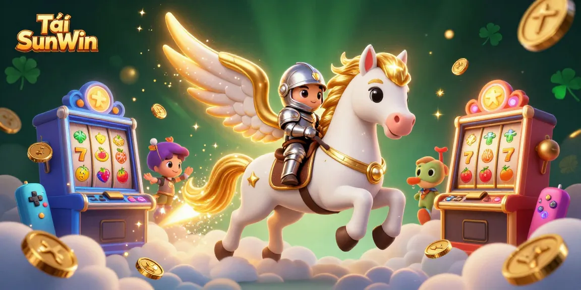 Tải SunWin showcases a celestial horse and knight amid vibrant casino slot machines, enhancing gaming excitement.