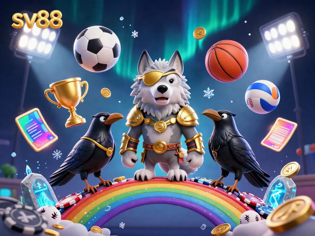 Exciting scene of sv88 showcasing a Norse-inspired wolf and ravens on a casino chip bridge, racing sports balls and betting slips.