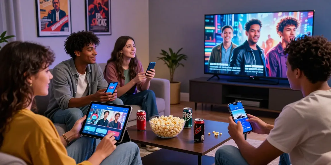 Friends enjoying movies together through FilmyZilla app on multiple devices in a cozy living room.
