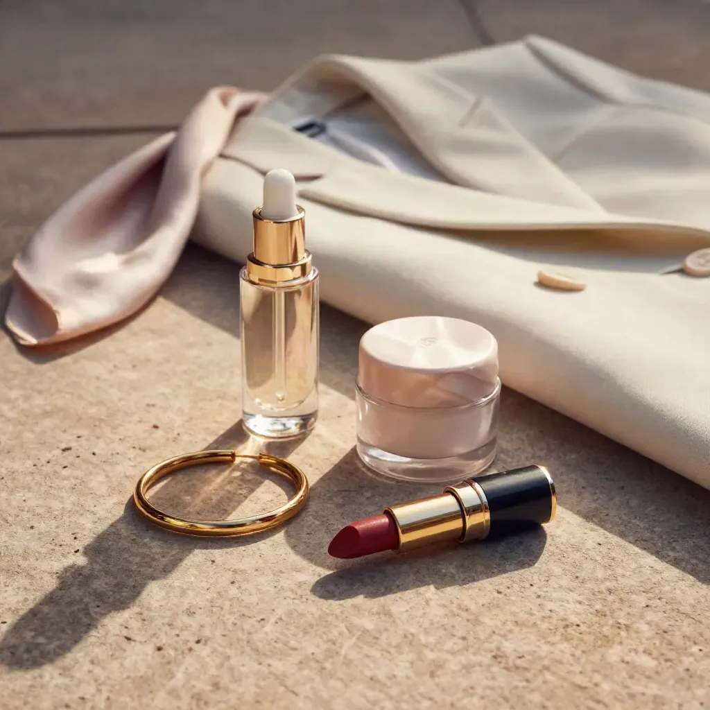 Goldener Ring, Lippenstift, Serum und Creme auf hellem Stein mit Seidenschal und Blazer.
