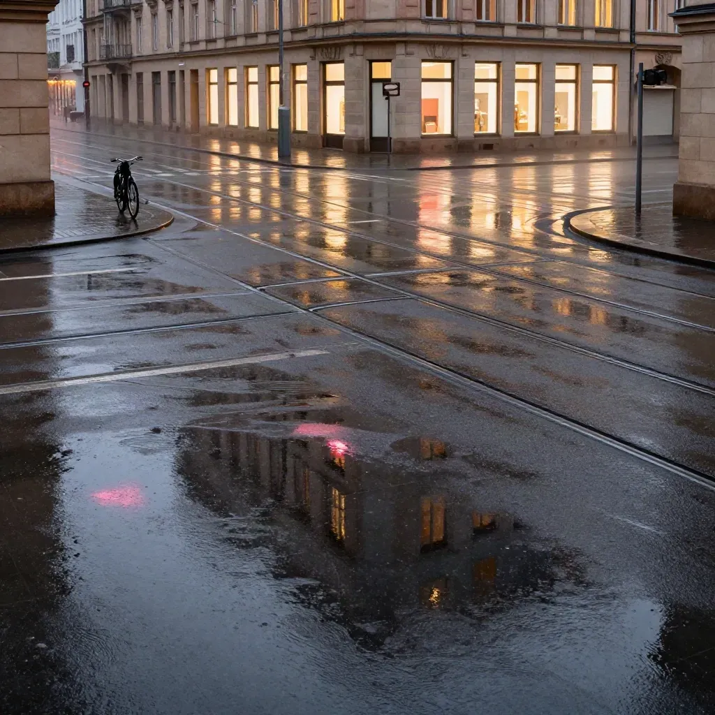 Nasse Berliner Kreuzung mit Tramgleisen, Lichtspiegelungen und Fahrrad im Abendlicht