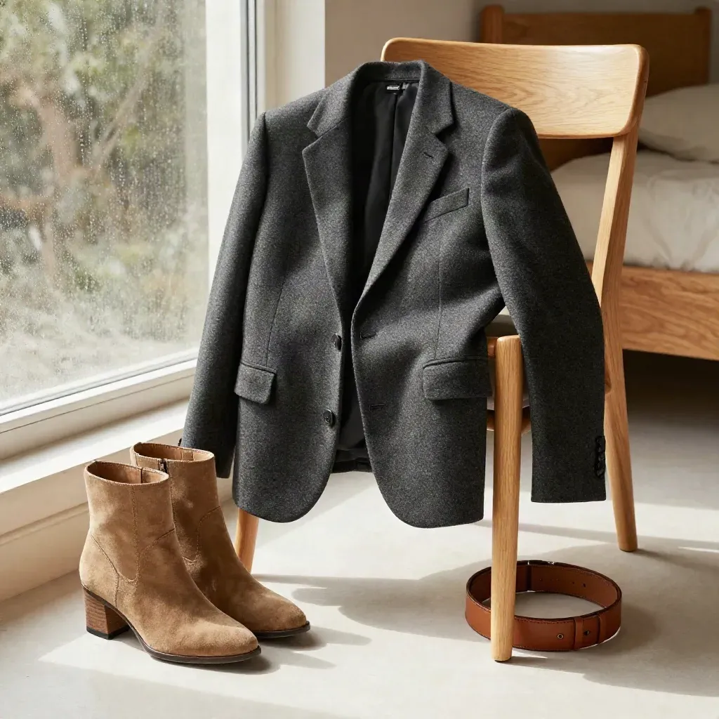 Charcoal-Blazer, Camel-Knit und Stiefeletten auf einem Stuhl am regennassen Fenster.