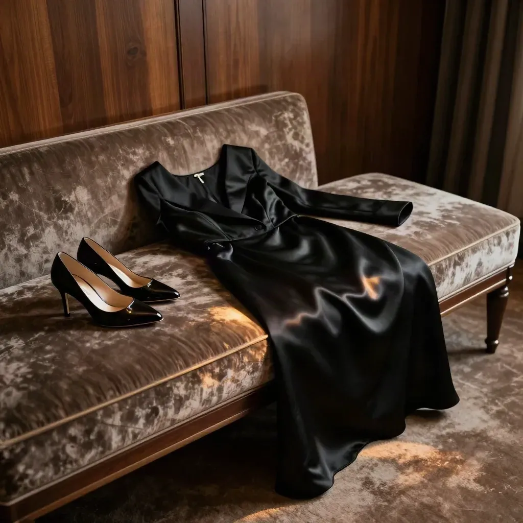 Schwarzes Abendkleid mit Blazer-Lapel, Pumps und Clutch auf einer Hotelbank im warmen Licht.