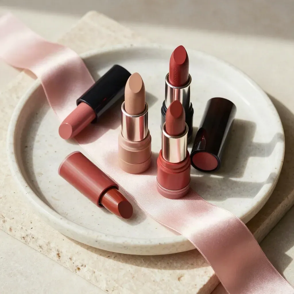 Fünf Lippenstifte in Rosé, Nude und Rot auf einer Travertinplatte, mit offenem Deckel und Farbauftrag.