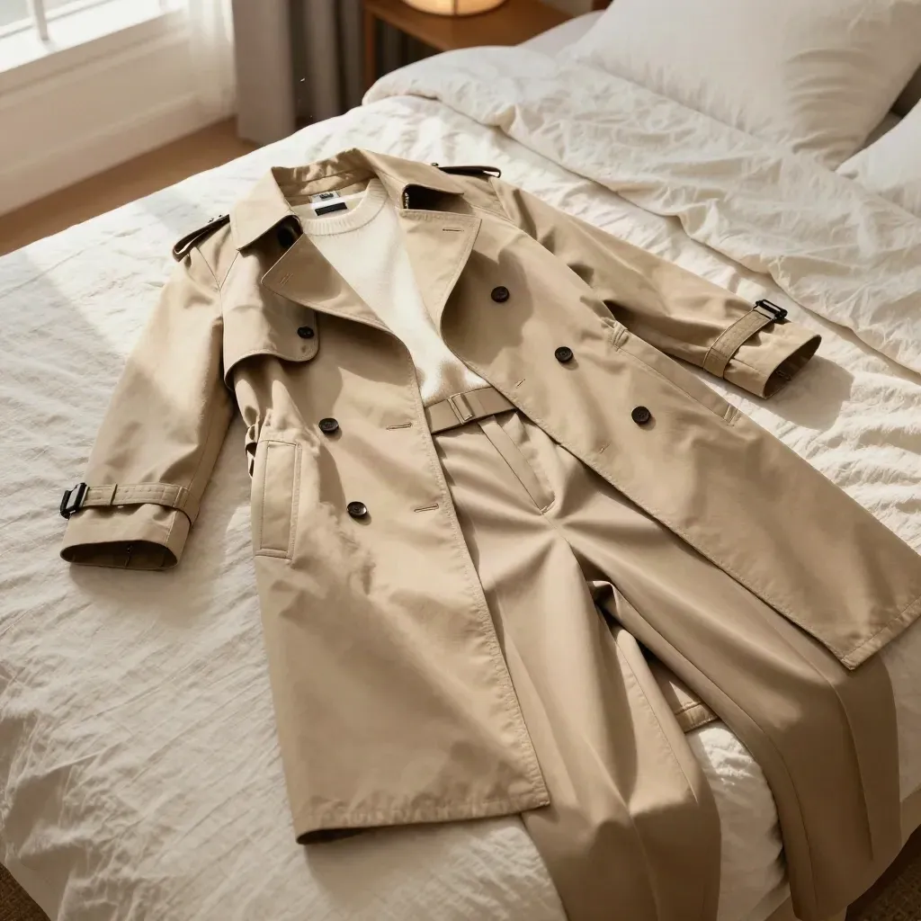 Beiger Trenchcoat, Stricktop, Hose und Loafer auf einem Bett im warmen Nachmittagslicht.