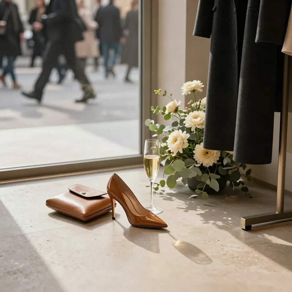 Champagnerglas, Clutch und Absatzschuhe in einer Berliner Event-Ecke mit Blumen und Garderobe.