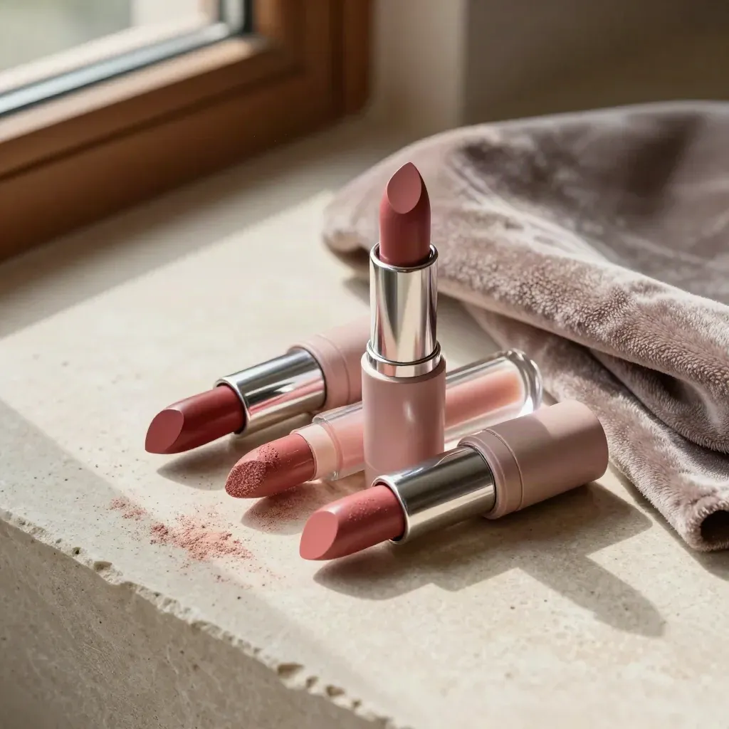 Drei Lippenfarben, Gloss und Tuch auf hellem Stein im warmen Fensterlicht.