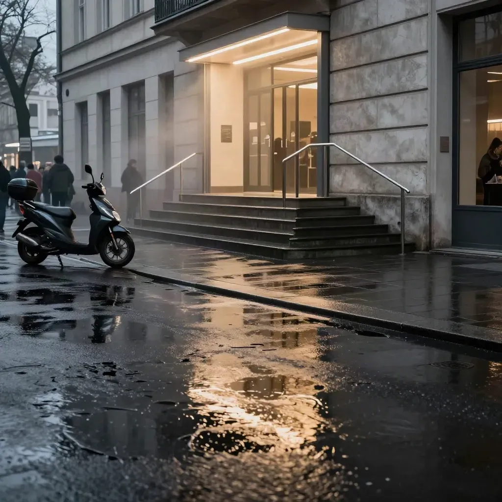Nasse Berlin-Fashion-Week-Treppe mit Scootern und Spiegelungen im Abendregen