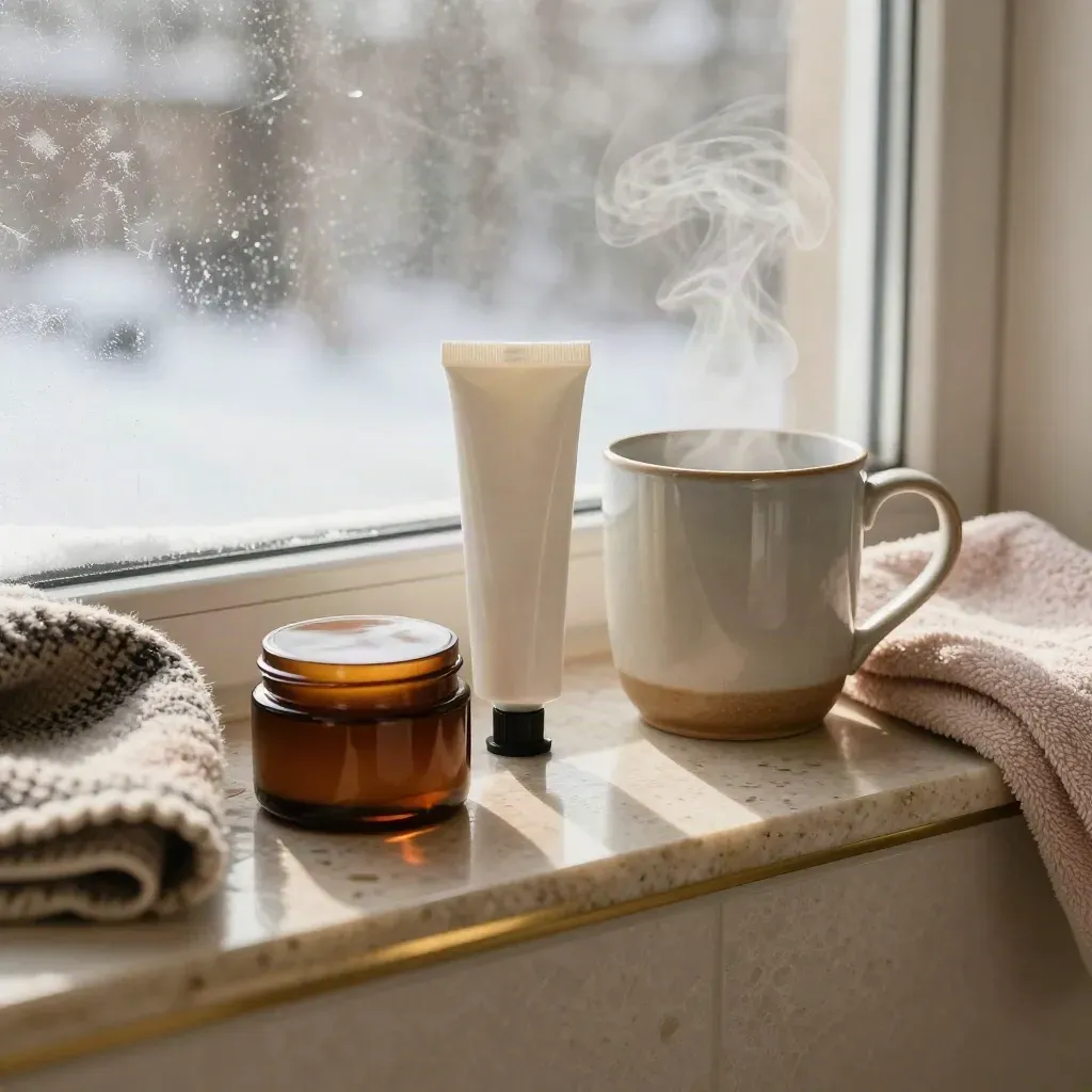 Dampfender Becher, Pflegecreme und Schal auf einem winterlichen Badregal im warmen Fensterlicht.