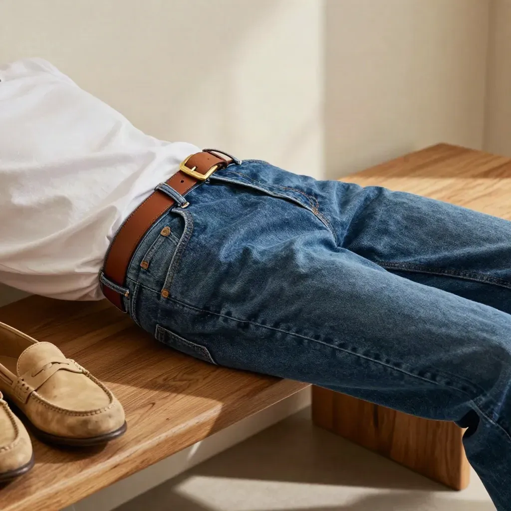 Jeans, weißes T‑Shirt, Gürtel und Loafer auf einer Holzbank, der Saum klappt ins Licht.
