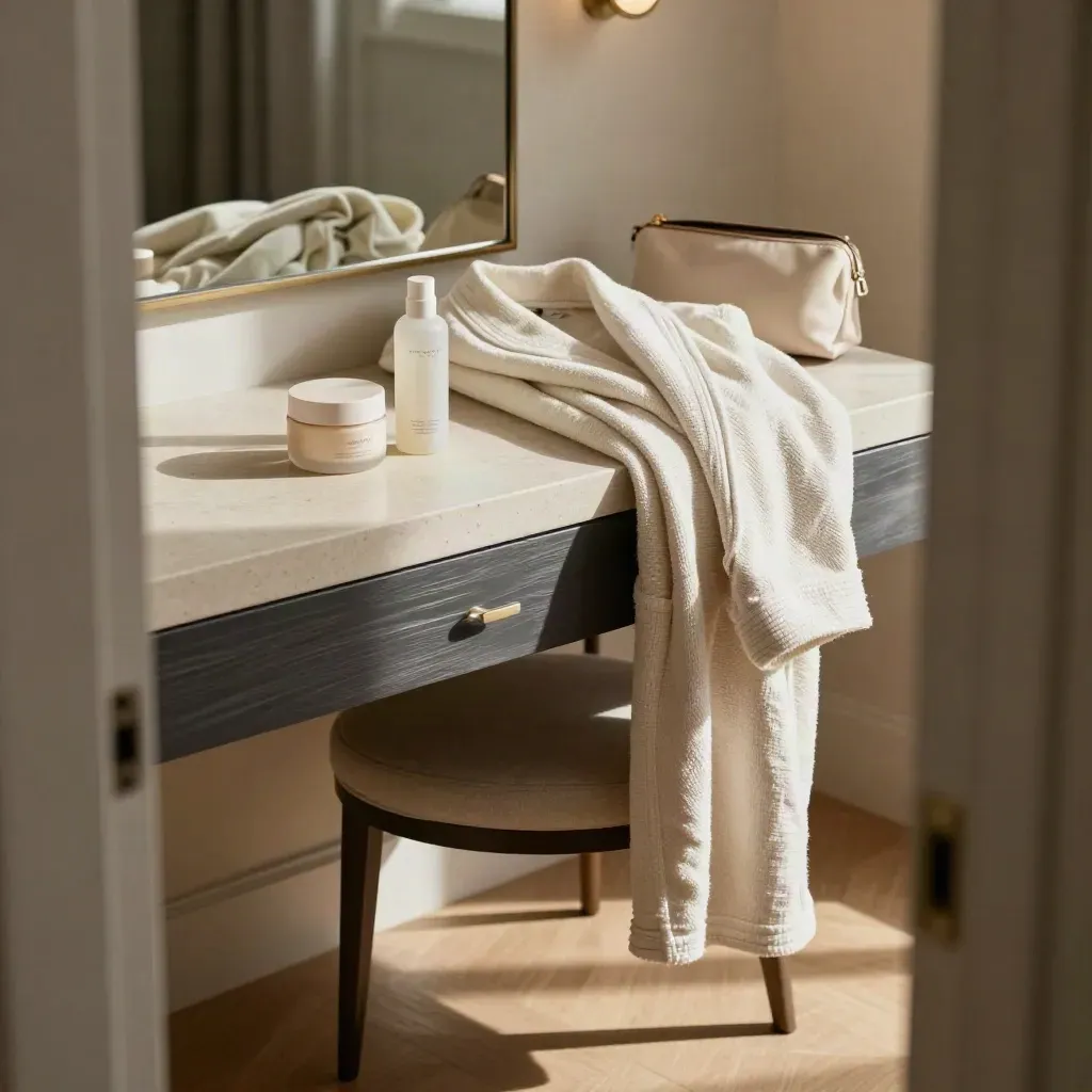 Hotelzimmer-Vanity mit Creme, Beauty-Pouch, Skincare-Flasche und offenem Bademantel im warmen Licht.