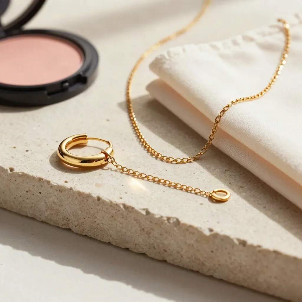Goldene Ohrringe, Kette, Blush-Compact und Tuch auf hellem Stein im warmen Editorial-Licht.