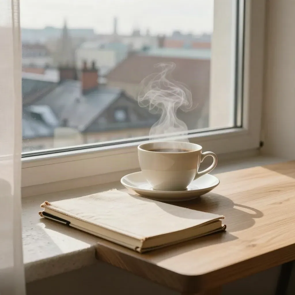 Kaffeetasse, geschlossenes Notizbuch und Berliner Dächer am ruhigen Sonntagmorgen.