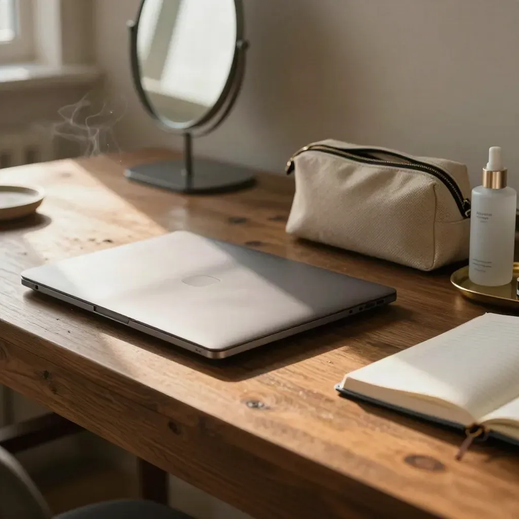 Aufgeräumter Creator-Schreibtisch mit Laptop, Spiegel, Kosmetiktasche und Pflegeprodukten im warmen Abendlicht.