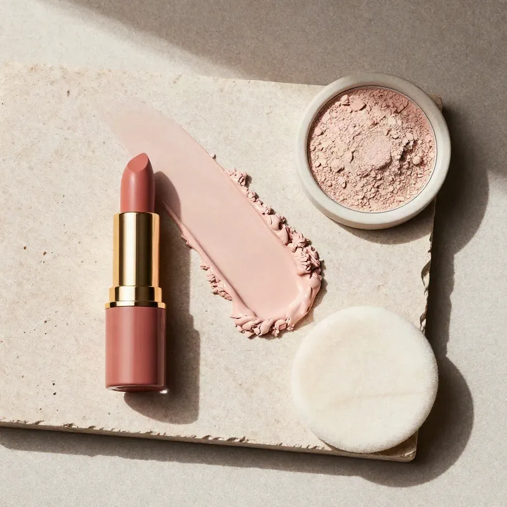Lippenstift, Kompaktpuder und Creme-Swatch auf blassrosa Stein, von oben inszeniert.