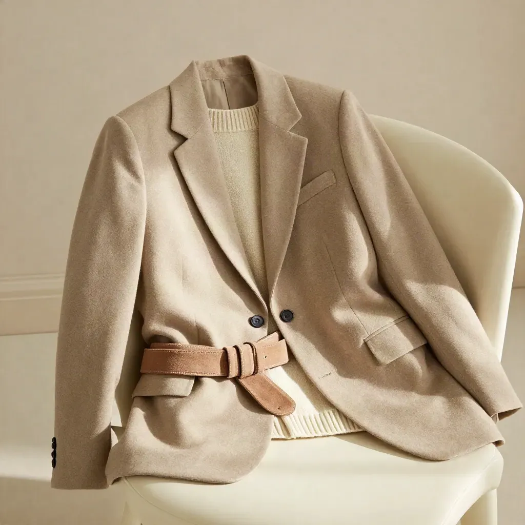 Beiger Blazer, creme Strick und Wildledergürtel auf einem elfenbeinfarbenen Stuhl